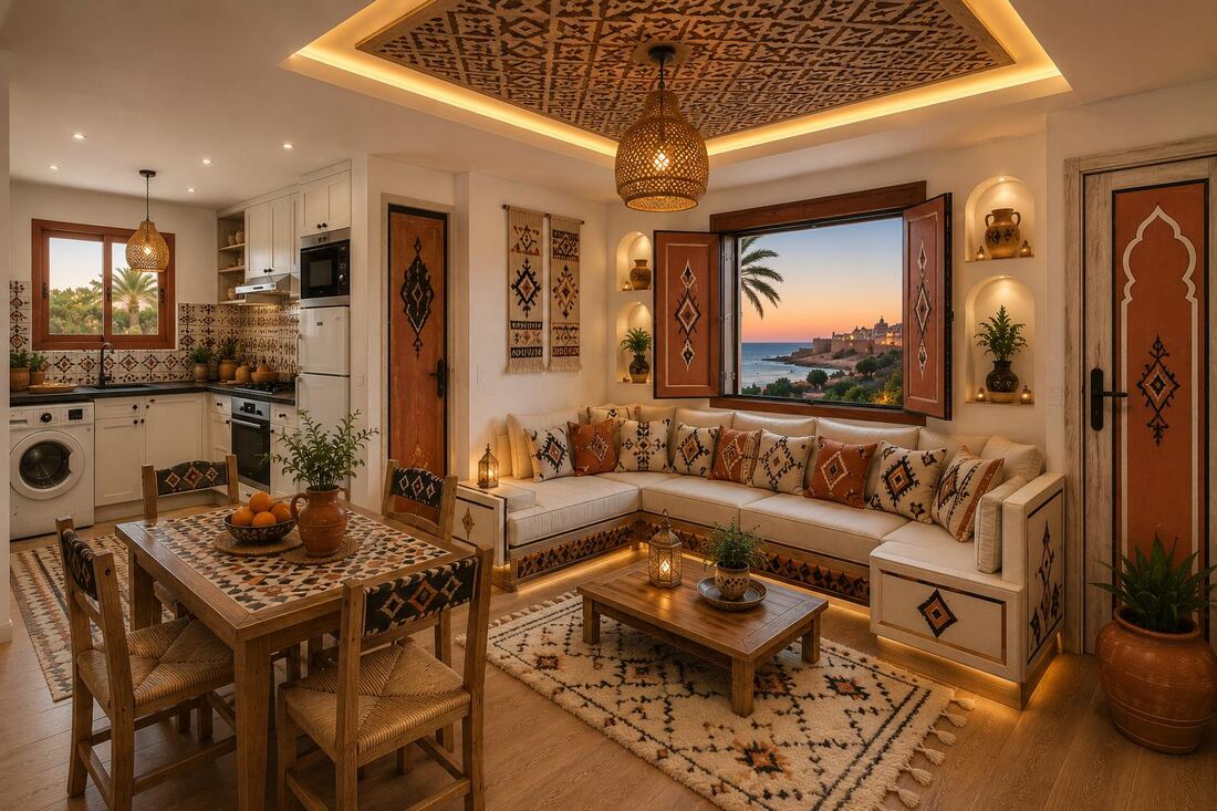 Intérieur de l'univers Agadir Berbère : salon aux textures tissées, tons terre et motifs amazighs