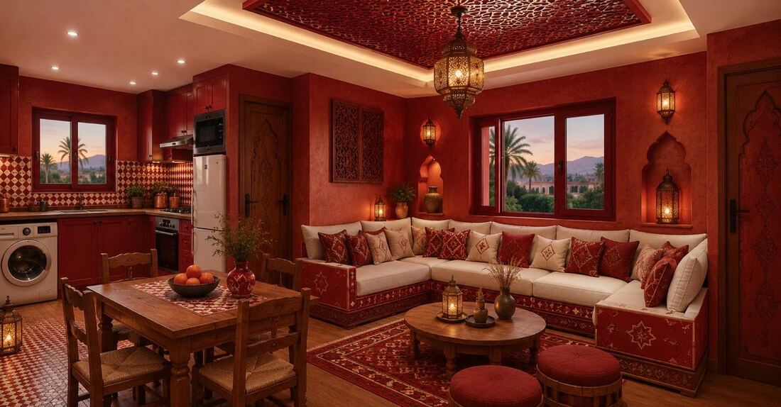 Intérieur de l'univers Marrakech Rouge : salon marocain aux tons rouges profonds, moucharabieh et lanternes en laiton