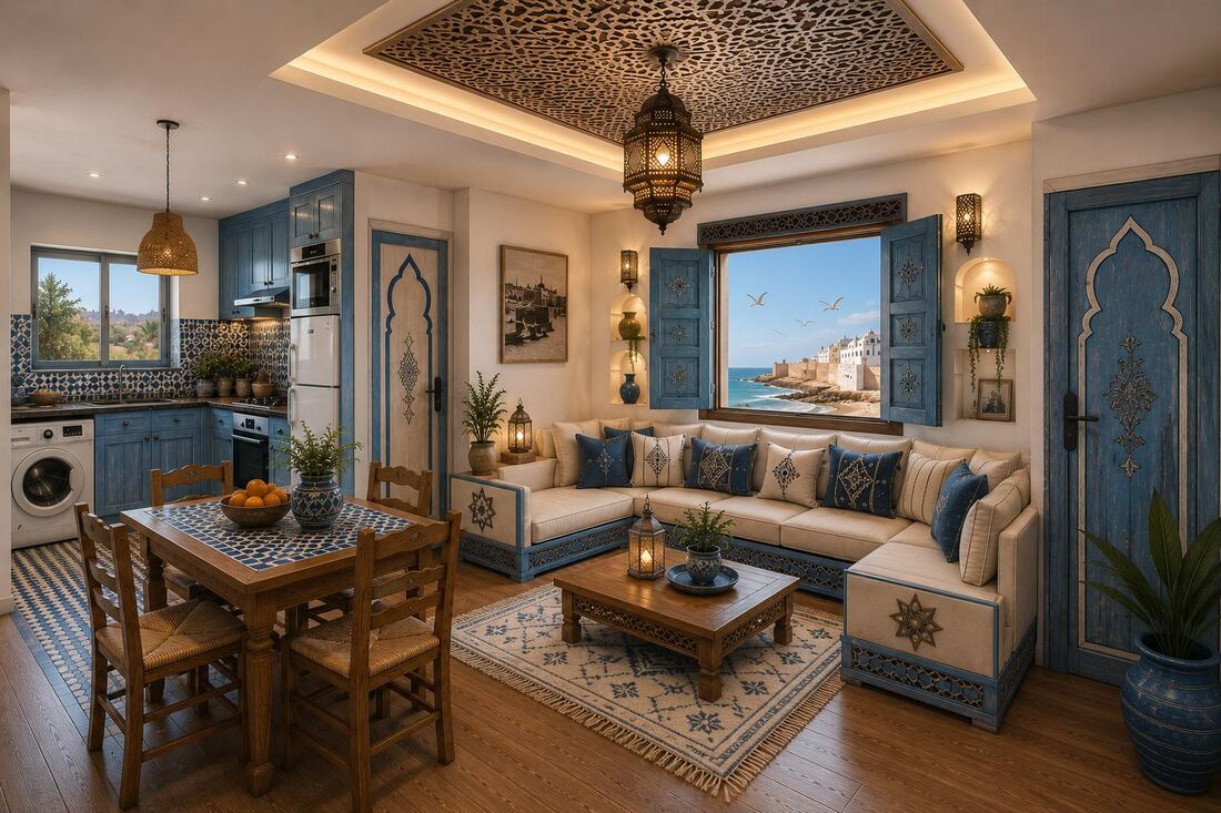Intérieur de l'univers Tanger Chamali : salon bleu et blanc lumineux, esprit bord de mer méditerranéen