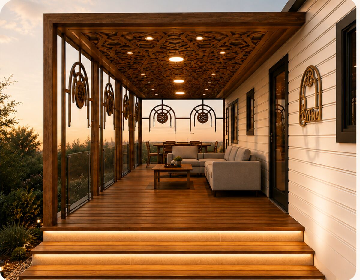 Terrasse signature DAYFNA au coucher du soleil : pergola en bois, plafond moucharabieh ajouré rétroéclairé, salon extérieur et marches LED