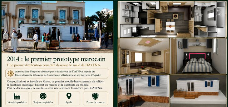 Le premier prototype marocain DAYFNA présenté en 2014 devant la Chambre de Commerce d'Agadir, avec ses aménagements intérieurs