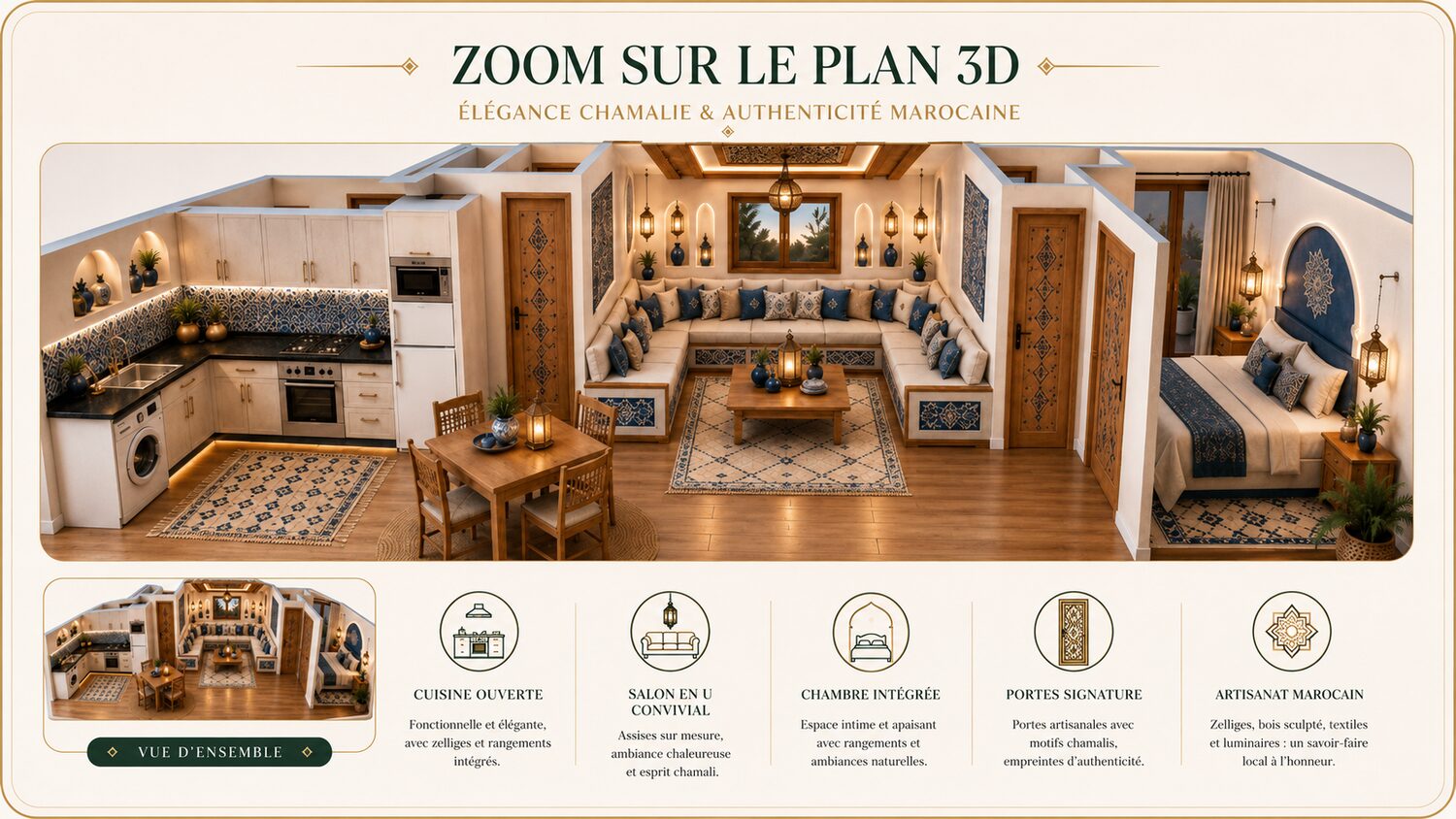 Plan 3D éclaté d'un mobile home DAYFNA univers chamali : cuisine ouverte avec zelliges bleus, salon marocain en U, salle à manger et chambre intégrée